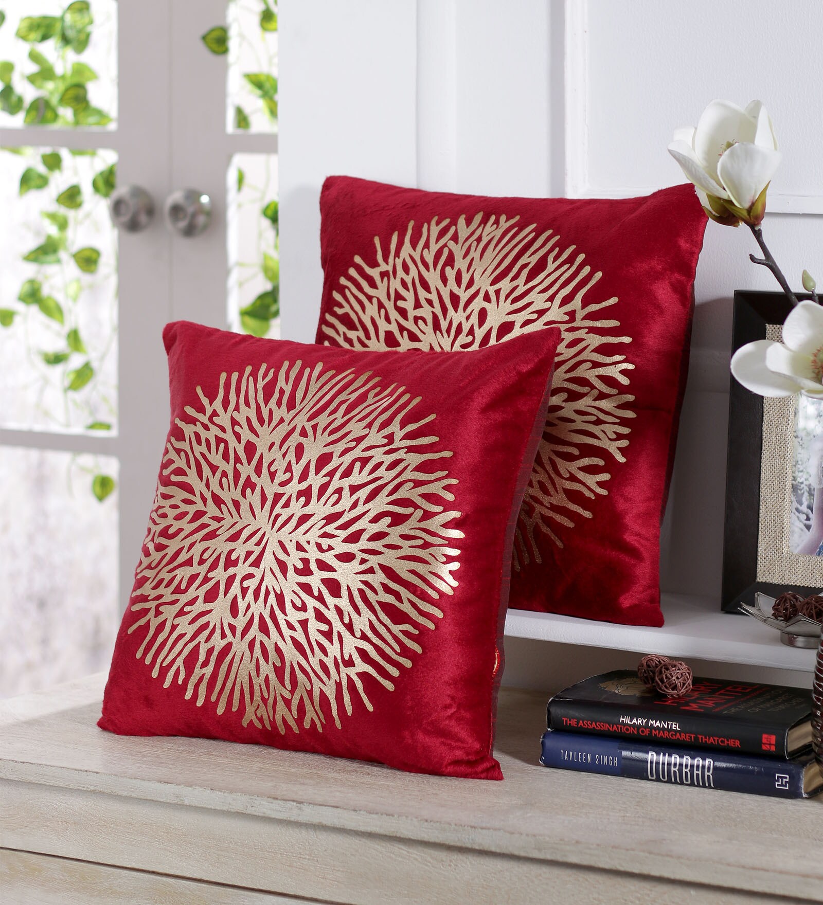 Buy Set of 5 Floral Pattern Velvet Red Cushion Covers 16 x 16 inches by