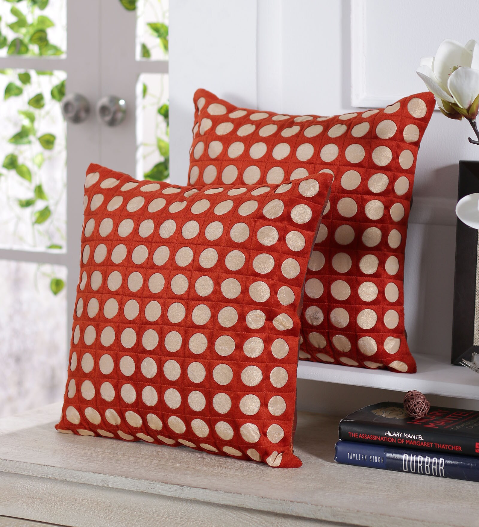Buy Set of 5 Geometric Pattern Velvet Orange Cushion Covers 16 x 16 inches by Stybuzz at 100