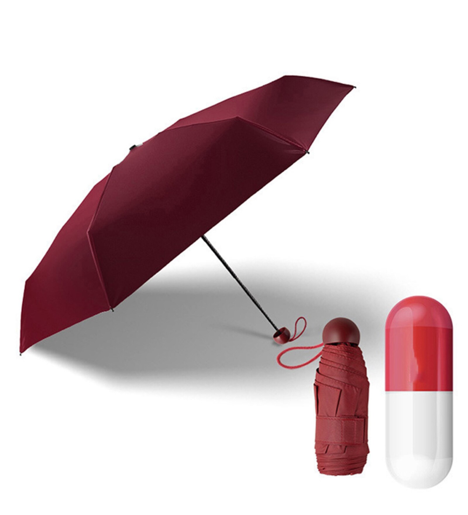 Red Nylon Designer Ultra Mini UF Coated 4-Fold Travel Capsule Umbrella