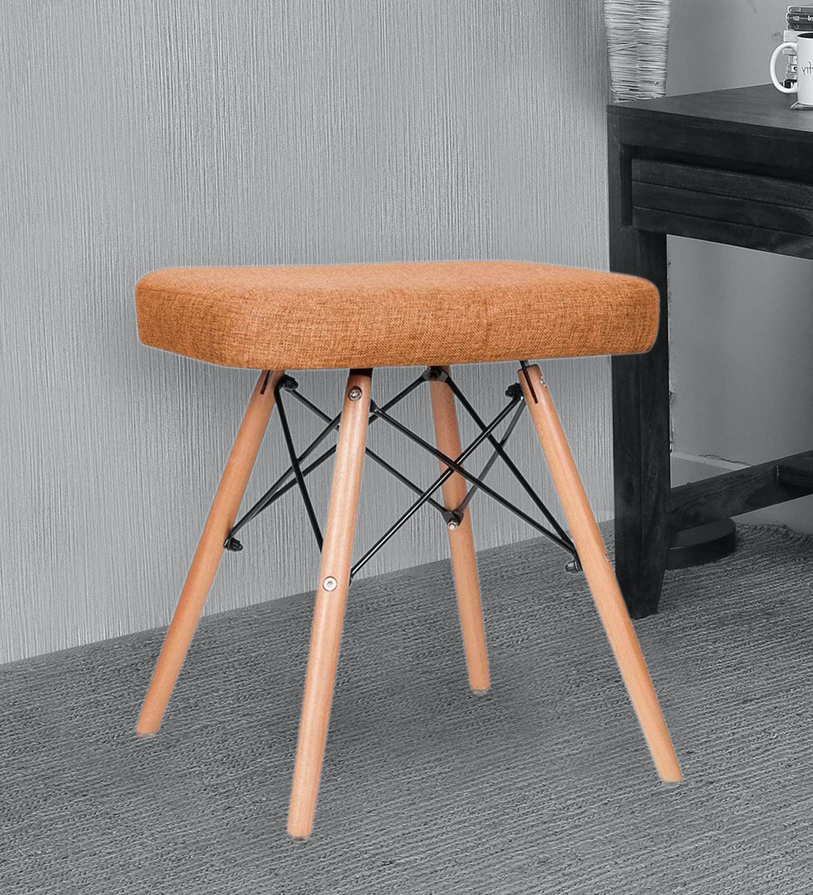 Style Stool with Upholstered Seat in Tawny Colour
