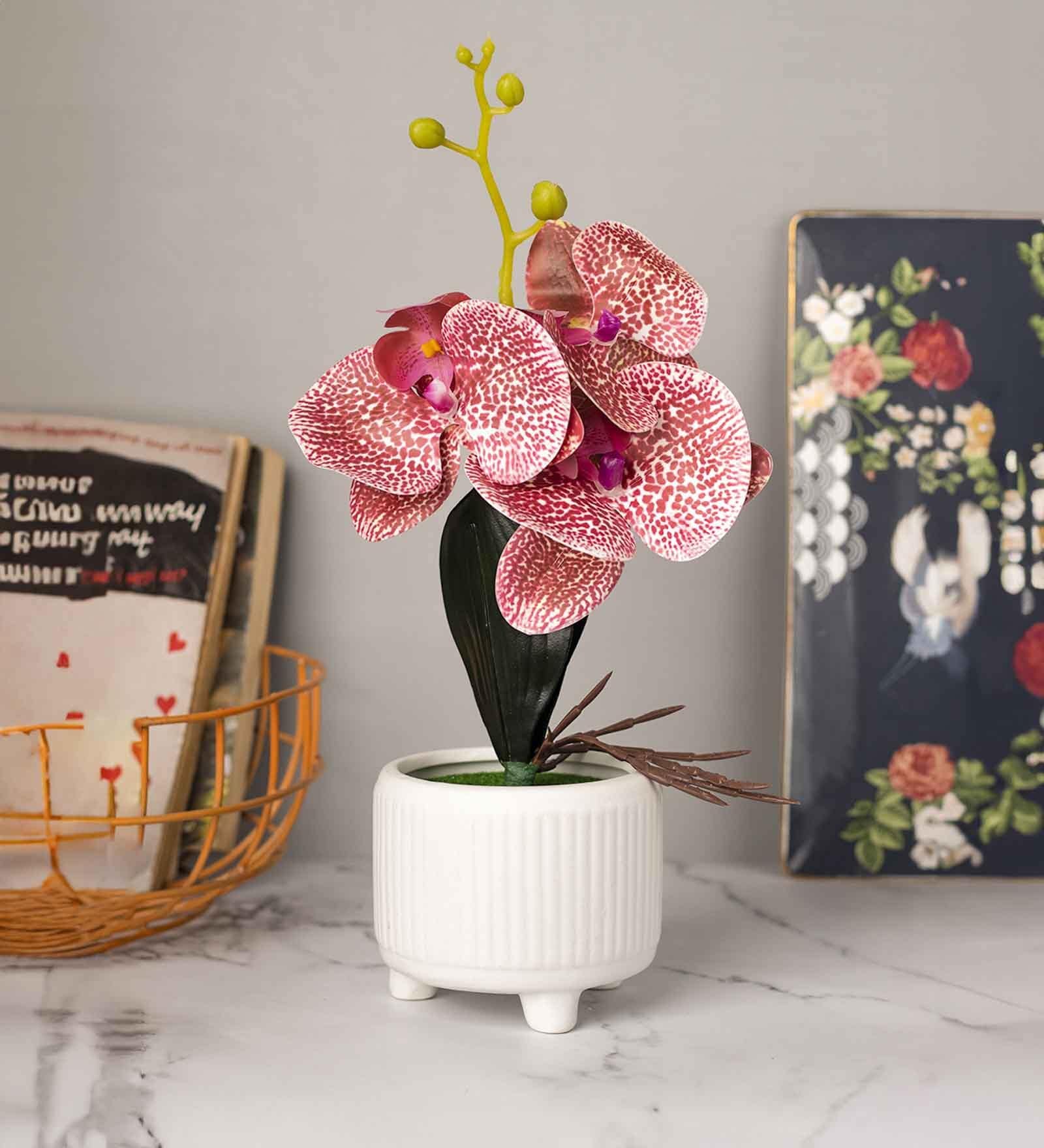 Stylish Pink Polyester Artificial Flower With Pot