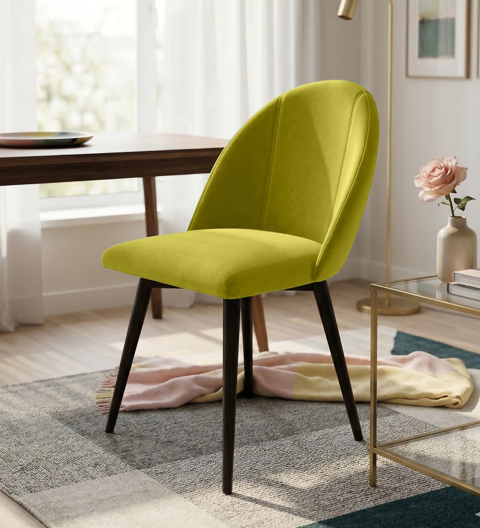 Modern Dining Chair With Iron Legs In Lime Green Color