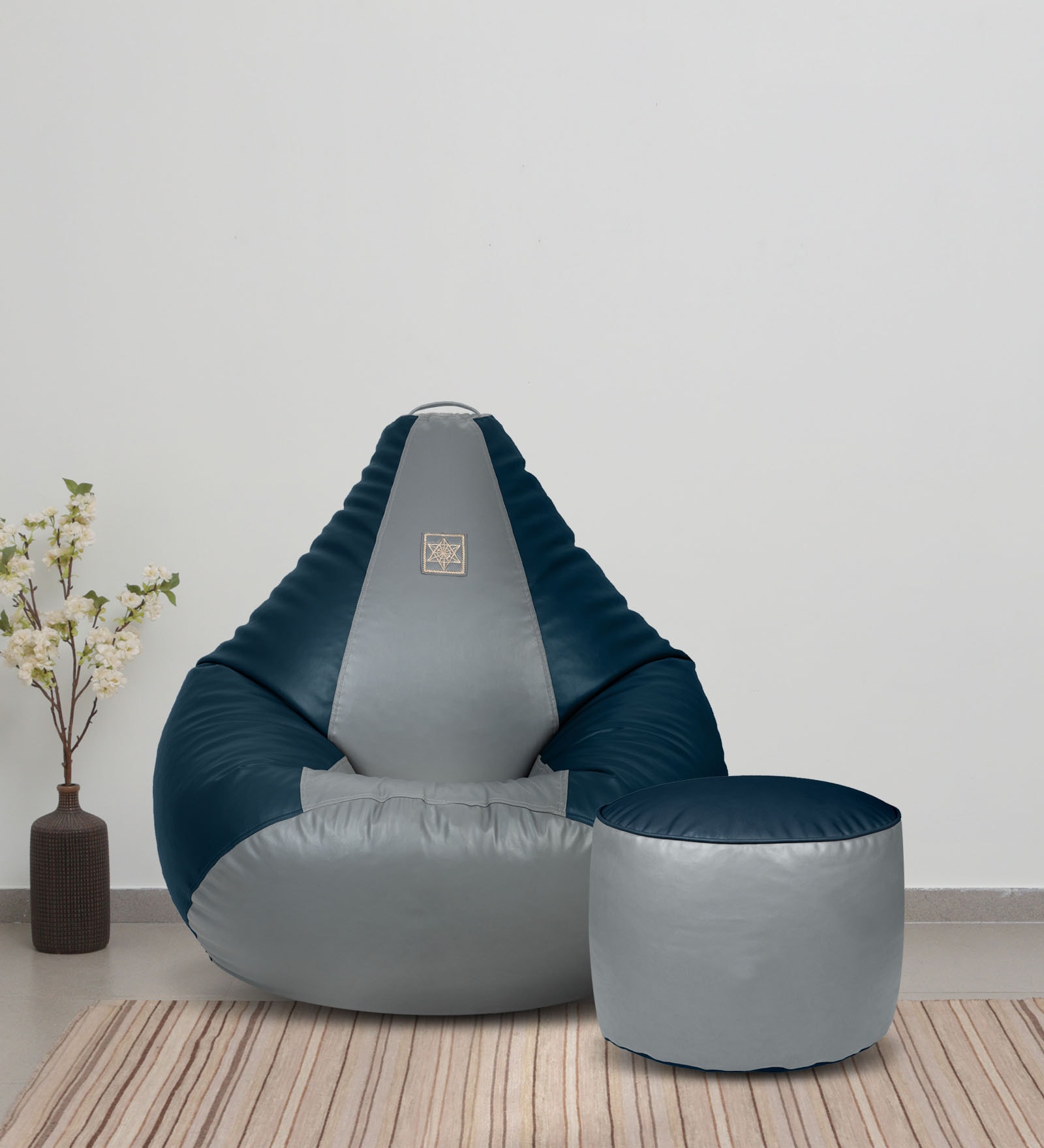 Stylish XXXL Leatherette Bean Bag with Beans in Blue & Grey Colour with Pouffe