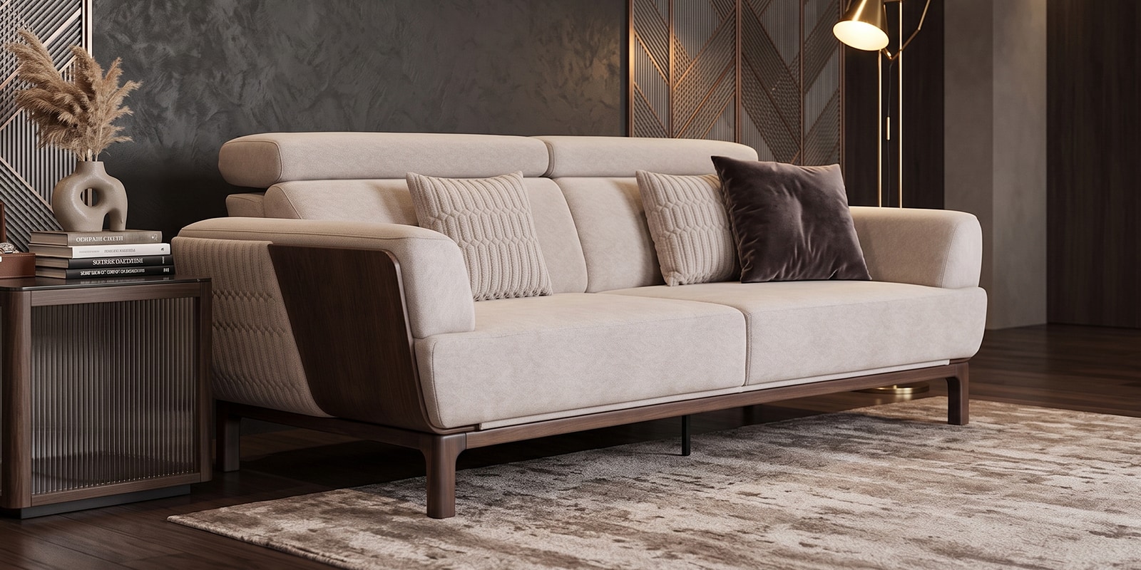 COMET Upholstery 3 Seater Sofa In Dark Walnut Wood Finish