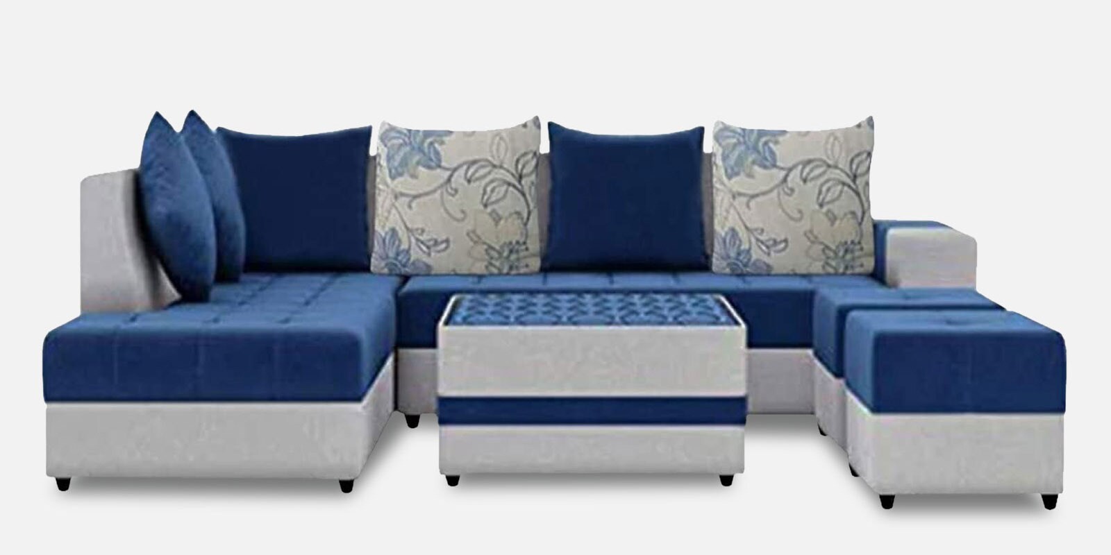 Stollion 8 Seater RHS L Shape Sofa In With Centre Table & 2 Puffy Blue & Light Grey Colour