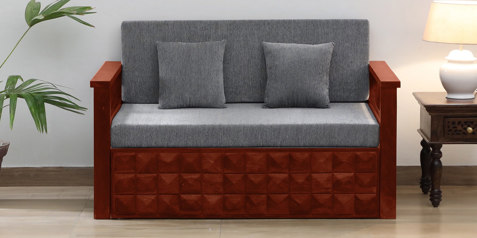 Strasbourg Sheesham Wood Pull Out 2 Seater Sofa Cum Bed In Honey Oak Finish with Storage
