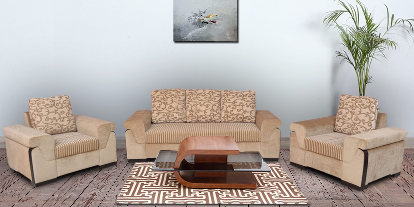 Buy Stylus Sofa Set (3 + 1 + 1) with 5 Cushions in Brown Color by
