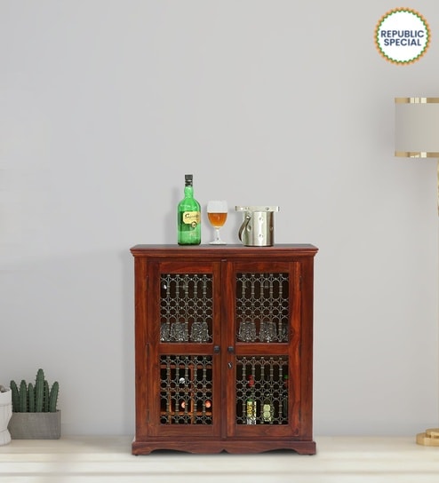 Stafford Sheesham Wood Bar Cabinet In Scratch Resistant Honey Oak Finish