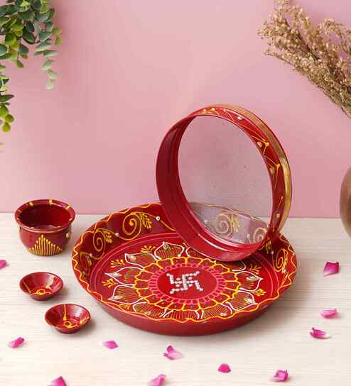 Stainless Steel Floral Decorative Karwa Chauth Thali Set with Plate Chalni Lota Diya Haldi Kumkum Holder-Karva Chauth Pooja Thali
