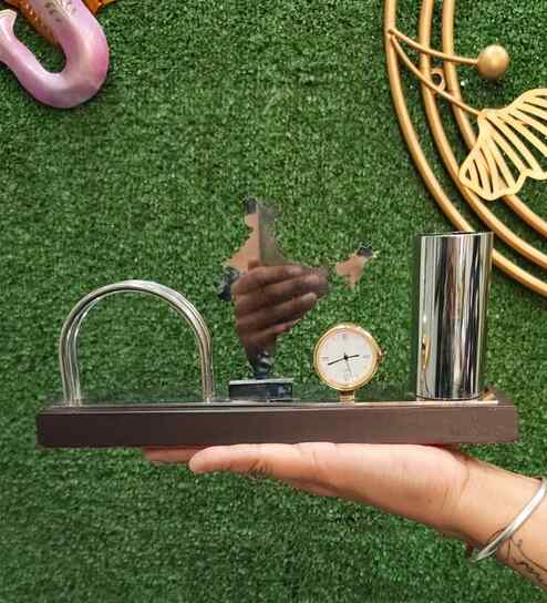 Stainless Steel India Showpiece Watch With Pen Holder showpiece