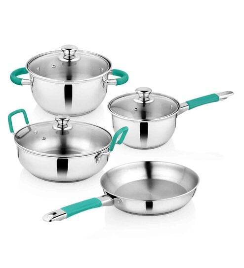 Dev Induction Friendly Silver & Green Stainless Steel (Set of 4) Cookware Set