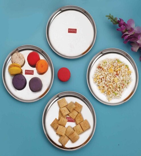 Stainless Steel Serving Plate with Glossy Finish | Thali plates For Kitchen | Serveware Snacks Plates for Kids | Breakfast Plates Set of 4, 21 cm