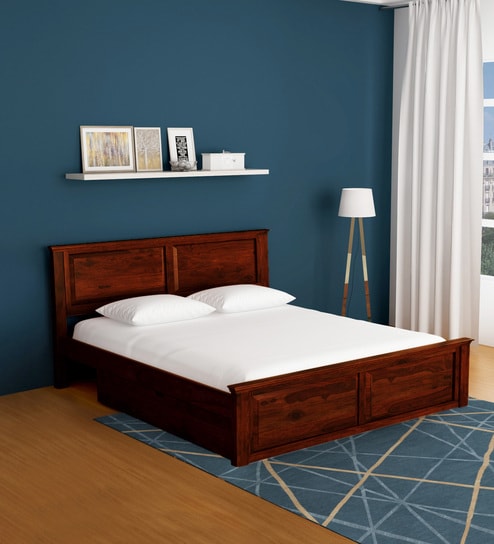 Buy Stanfield Solid Wood Queen Size Bed With Storage In Honey Oak