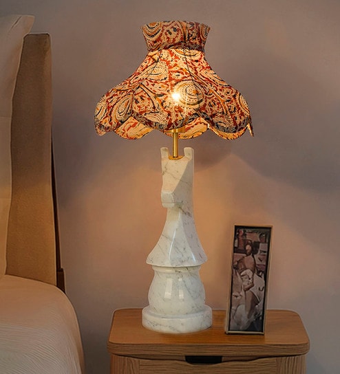 Statuario Marble Chess Knight Table Lamp with Kalamkari Shade
