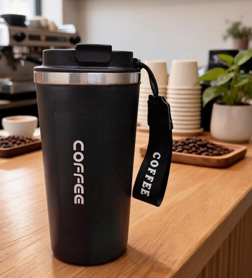 Black Stainless Steel Insulated Coffee Mug with Carrying Strap, 550 ml