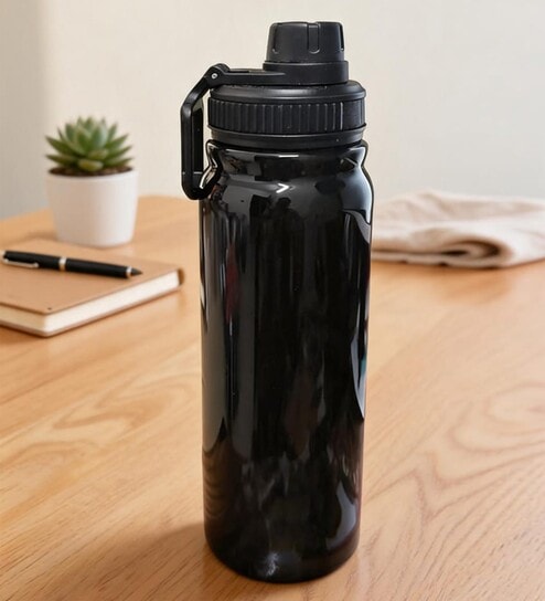 Black Stainless Steel Shine Water Bottle with Flip Top Lid & Carry Loop, 750 ml