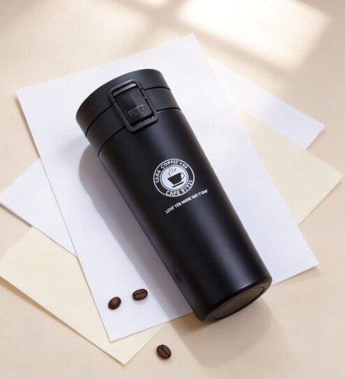 Black Stainless Steel Travel Coffee Mug with Push Button Lid, 500 ml
