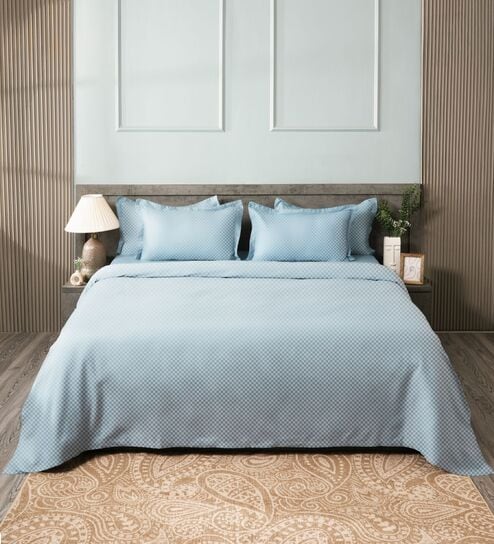 Steel Blue 300TC 100% Cotton Flat Chekered Super King Bedsheet with 2 Pillow Covers