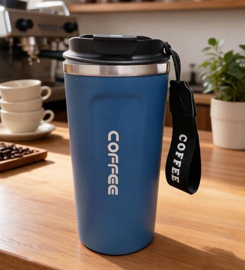 Blue Stainless Steel Insulated Coffee Mug with Carrying Strap, 550 ml