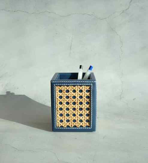 Steel Blue PU Leather and Natural Rattan Desk Organizer Stationery Holder
