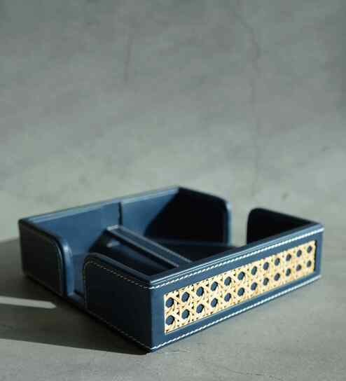 Steel Blue PU Leather and Natural Rattan Tissue Holder with Weighted Bar Design