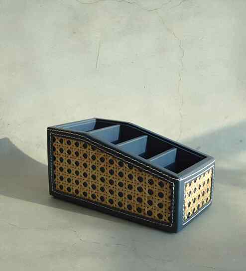 Steel Blue PU Leather Remote Control Organizer Holder for TV Remotes and Gadgets Multipurpose Desk Storage Organizer