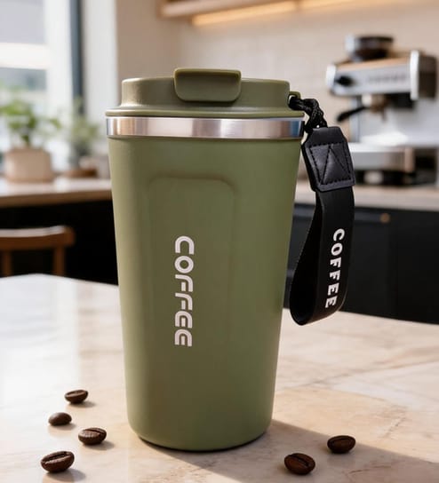 Green Stainless Steel Insulated Coffee Mug with Carrying Strap, 550 ml