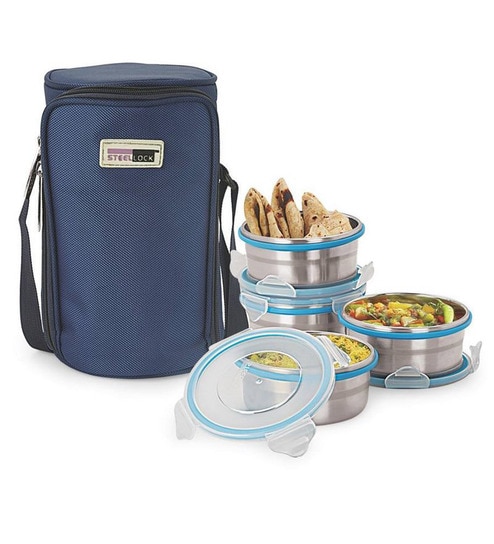 Buy Steel Lock Airtight 4 pc Lunch Meal Tiffin Box with Blue Insulated ...