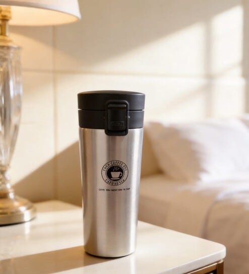Silver Stainless Steel Travel Coffee Mug with Push Button Lid, 500 ml