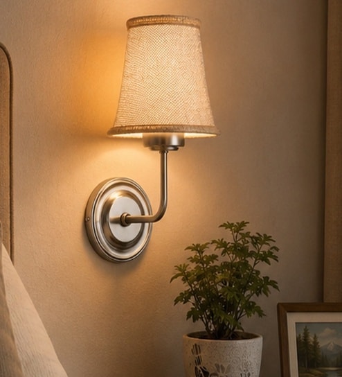 Steel Wall Mounted Lamp with Beige Jute Shade & Cafe