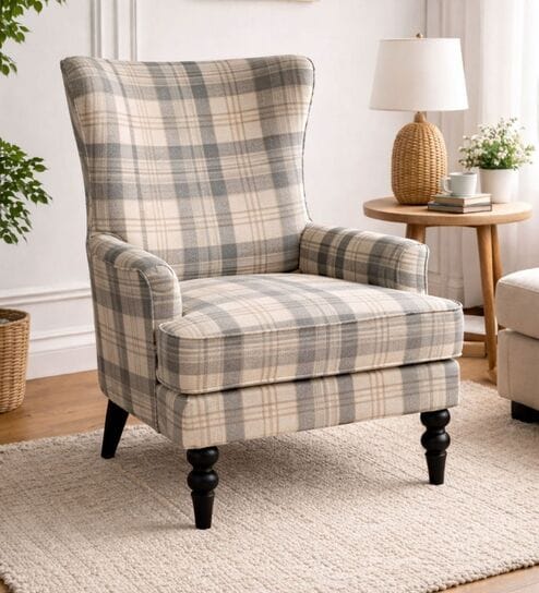 Stellan Teak Wood Beige Plaid Wing Chair With Suede Fabric