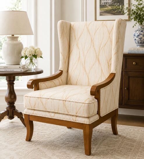 Stellan Teak Wood Wing Chair With Suede Fabric In OffWhite Colour