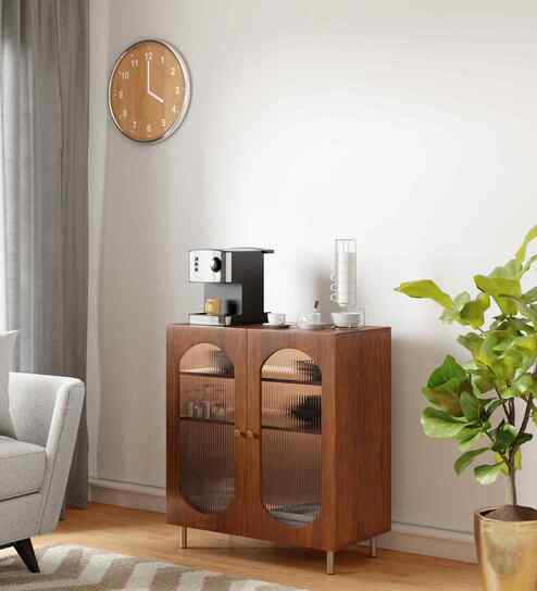 Stellar Fluted Glass 2 Door Cabinet With Automatic LED light & Adjustable Shelf In Brown finish