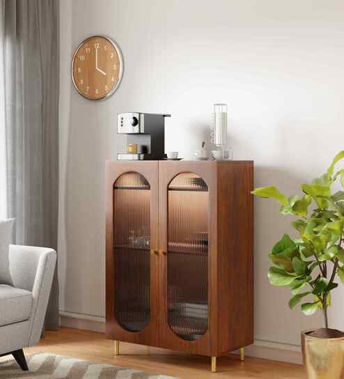 Stellar  Fluted Glass 2 Door Cabinet With Automatic LED light & Adjustable Shelf Tall Size In Teak Brown