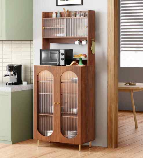 Stellar Fluted Glass Crokery Unit With Automatic LED light & Adjustable Shelf In Teak Brown