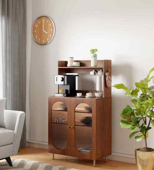 Stellar Fluted Glass Crokery Unit With Automatic LED light & Adjustable Shelf In Teak Brown