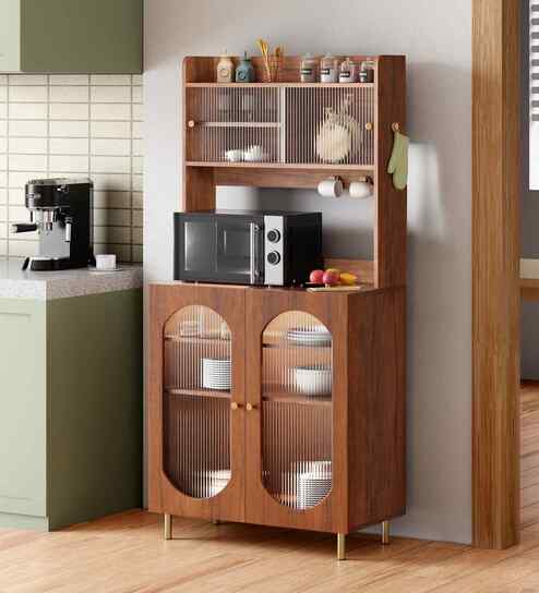 Stellar Fluted Glass Crokery Unit With Automatic LED light & Adjustable Shelf In Teak Brown