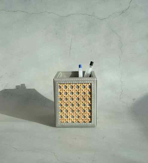 Stone Blue PU Leather and Natural Rattan Desk Organizer Stationery Holder