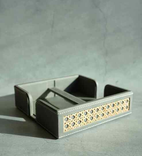 Stone Grey PU Leather and Natural Rattan Tissue Holder with Weighted Bar Design