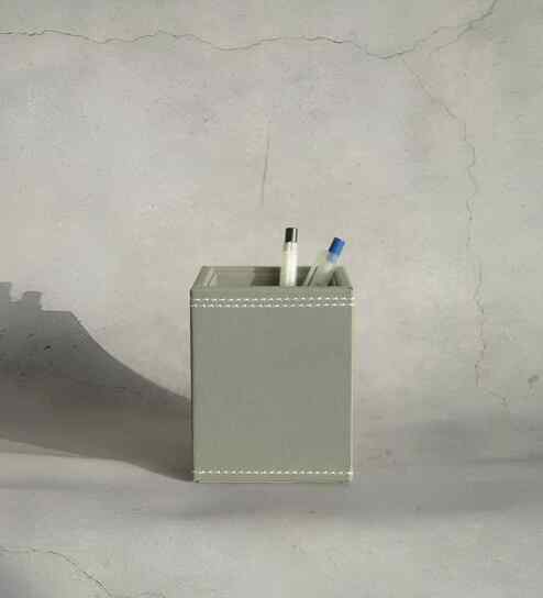 Stone Grey PU Leather Desk Organizer Pen Stand Stationery Holder Multipurpose Table Organizer