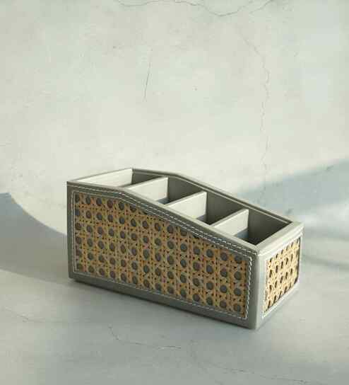 Stone Grey PU Leather Remote Control Organizer Holder for TV Remotes and Gadgets Multipurpose Desk Storage Organizer