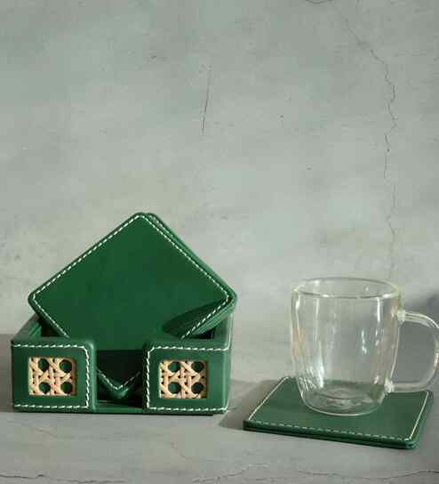 Emerald Green PU Leather and Natural Rattan Coaster Set of 6 Heat Resistant Table Coasters