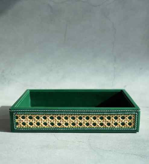 Emerald Green Small PU Leather and Natural Rattan Multipurpose Tray