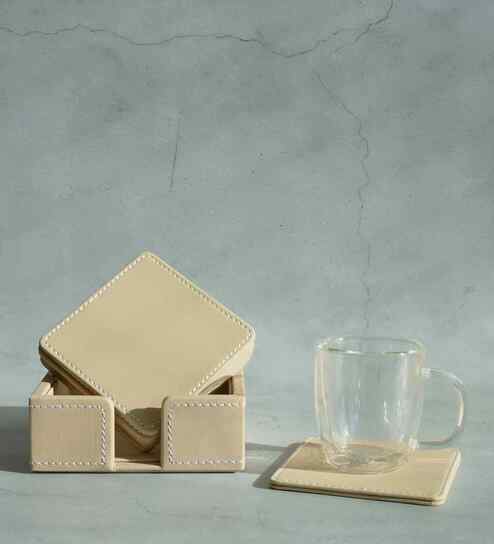 Sand Beige PU Leather Coaster Set of 6 Durable Tabletop Drink Coasters