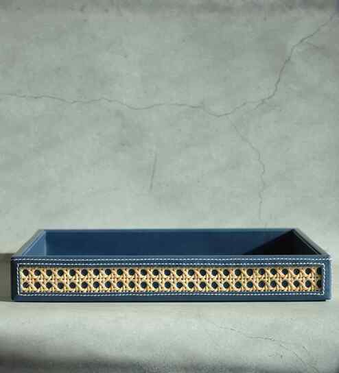 Steel Blue Large PU Leather and Natural Rattan Multipurpose Tray