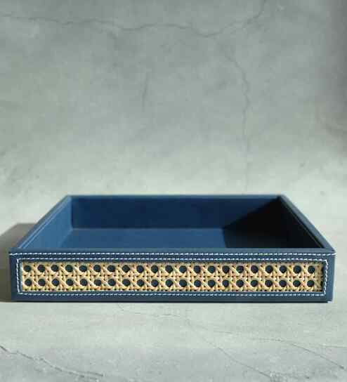 Steel Blue Medium PU Leather and Natural Rattan Multipurpose Tray