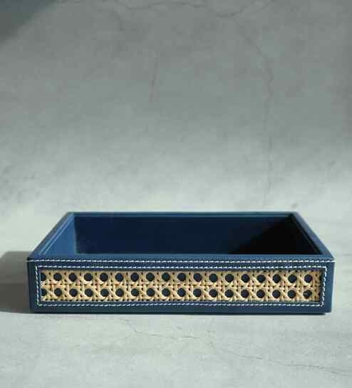 Steel Blue Small PU Leather and Natural Rattan Multipurpose Tray