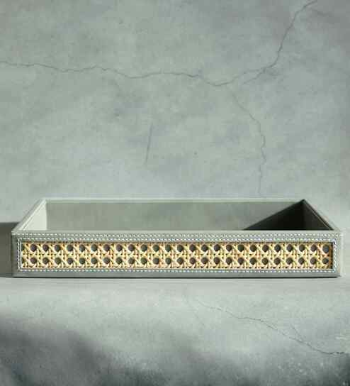 Stone Gray Large PU Leather and Natural Rattan Multipurpose Tray