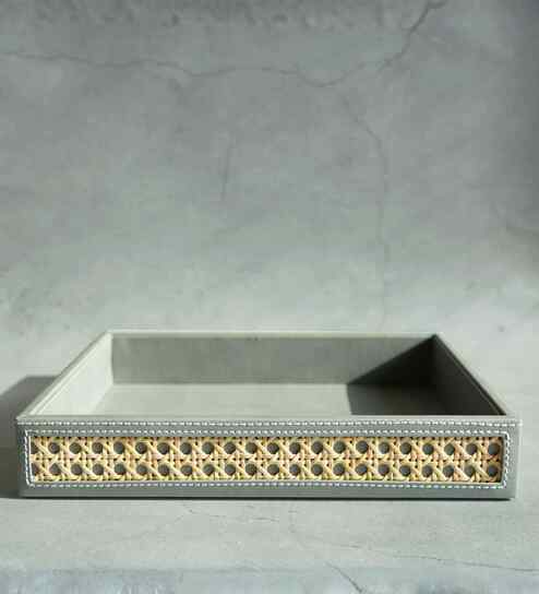Stone Gray Medium PU Leather and Natural Rattan Multipurpose Tray