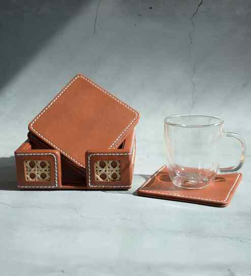 Stone Grey PU Leather and Natural Rattan Coaster Set of 6 Heat Resistant Table Coasters